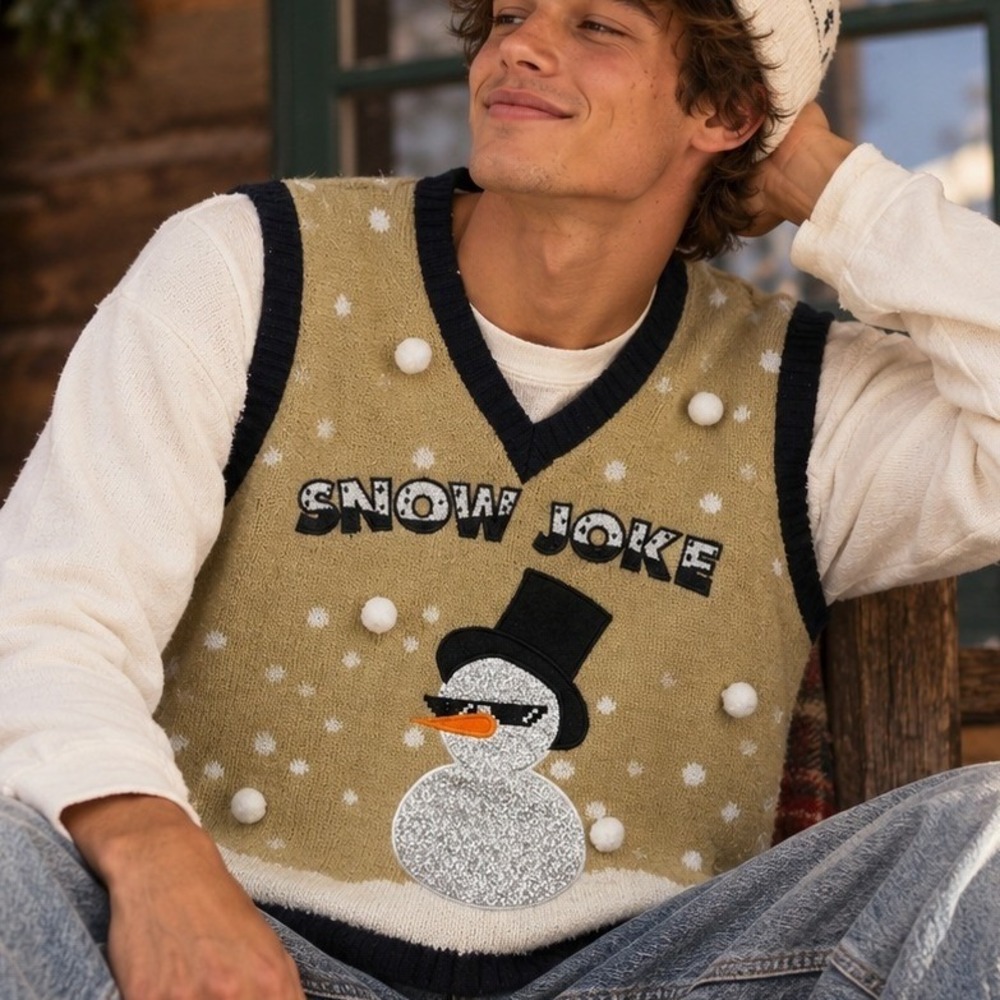 Snowman Christmas Sweater Vest L Snow Joke 3D Ugly Xmas Novelty Holiday Knit